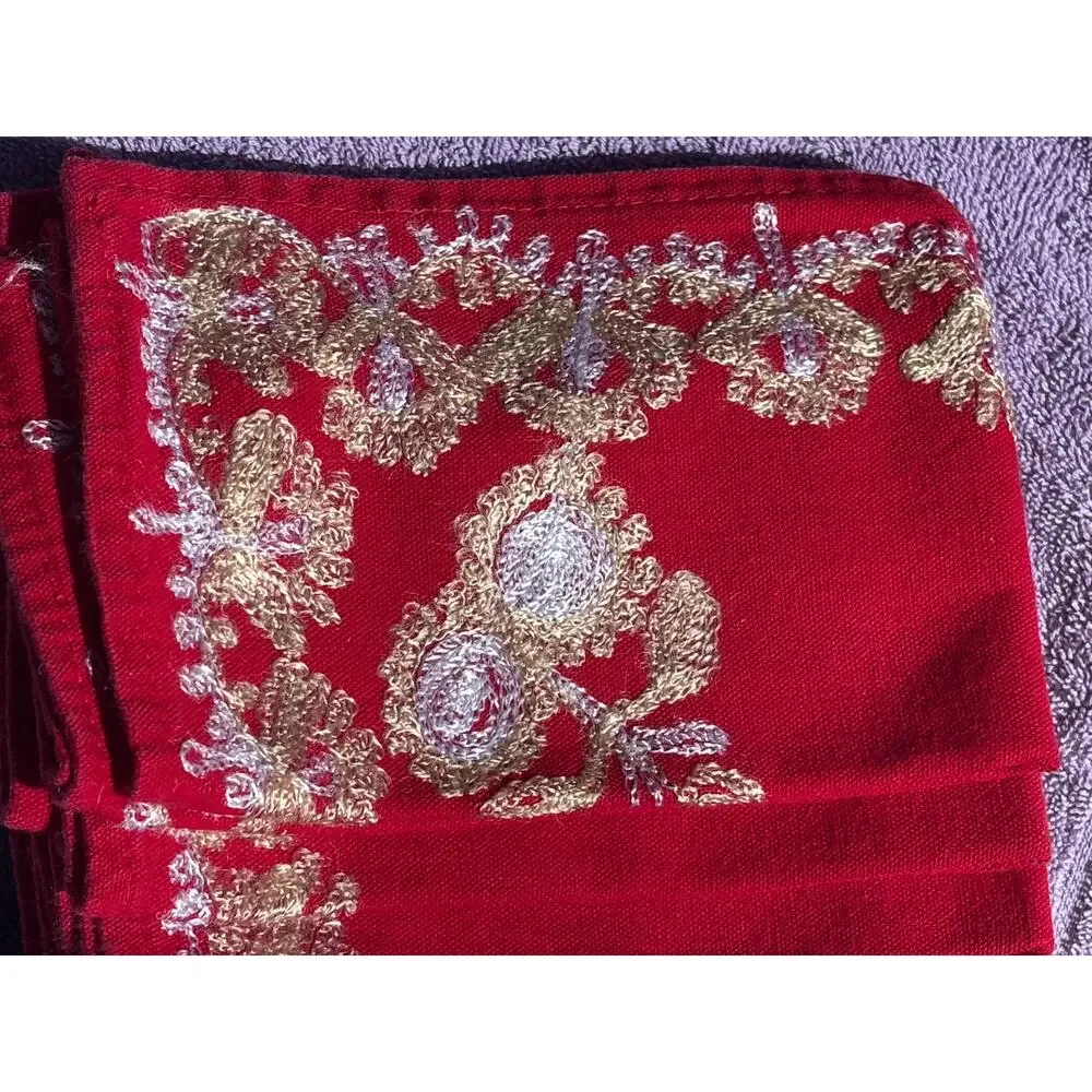 Set of 6 Red Vintage Napkins Heavily Embroidered Boho Elwgant Festive Romantic